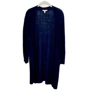 Eileen Fisher Organic Linen Light Weight Ribbed Navy Blue Cardigan Petite Sz L
